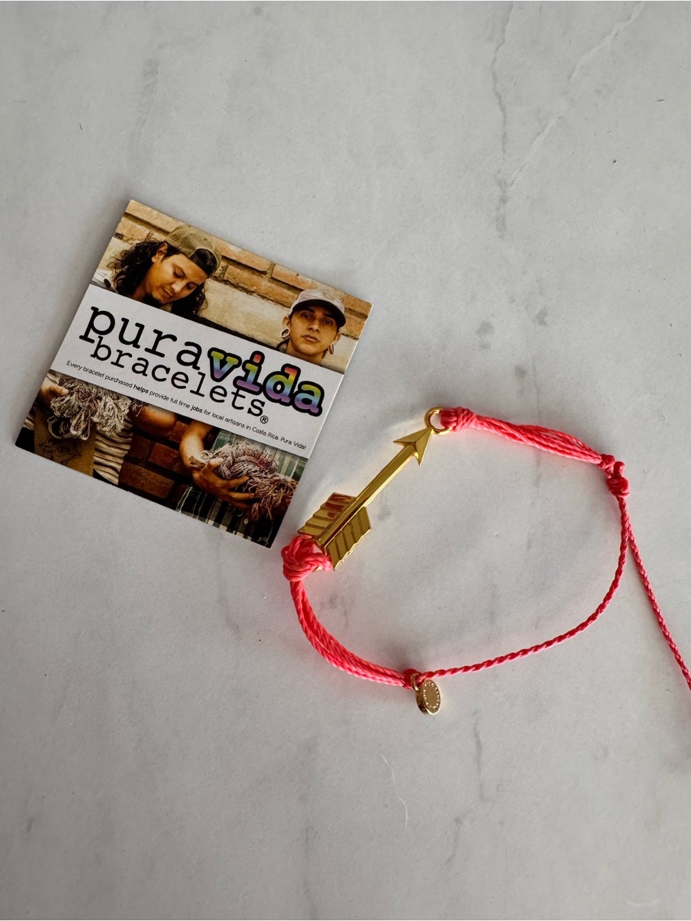 Pura Vida Pink Cord Bracelet Gold Tone Arrow Dangle Charm Adjust Slide Closure
